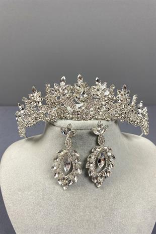 Gümüş Belur Gelin Tacı Ve Damla Küpe Seti