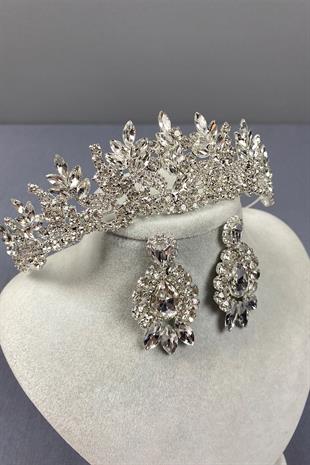 Gümüş Belur Gelin Tacı Ve Damla Mekik Taşlı Küpe Seti