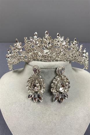 Gümüş Belur Gelin Tacı Ve Damla Mekik Taşlı Küpe Seti