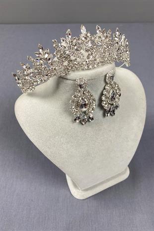 Gümüş Belur Gelin Tacı Ve Damla Mekik Taşlı Küpe Seti