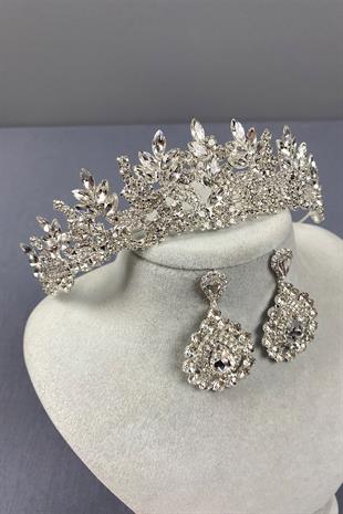 Gümüş Belur Gelin Tacı Ve Damla Taşlı Küpe Seti