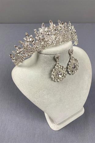 Gümüş Belur Gelin Tacı Ve Damla Taşlı Küpe Seti