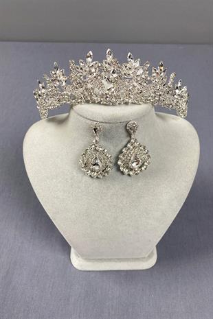 Gümüş Belur Gelin Tacı Ve Damla Taşlı Küpe Seti