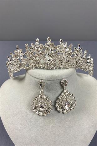 Gümüş Belur Gelin Tacı Ve Damla Taşlı Küpe Seti