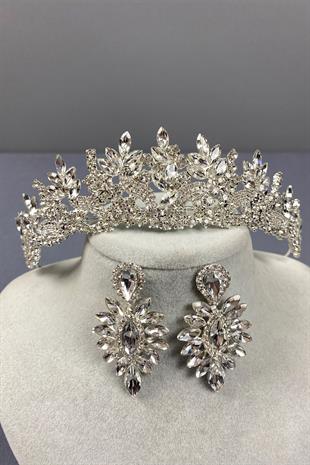 Gümüş Belur Gelin Tacı Ve Mekik Taşlı Küpe Seti