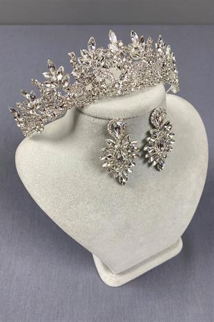 Gümüş Belur Gelin Tacı Ve Mekik Taşlı Küpe Seti