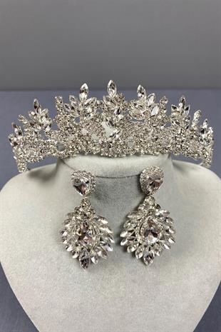 Gümüş Belur Gelin Tacı Ve Mekikli Küpe Seti