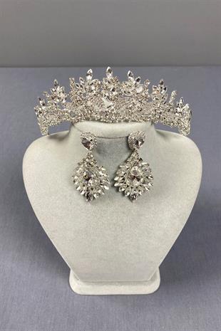 Gümüş Belur Gelin Tacı Ve Mekikli Küpe Seti