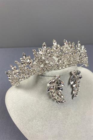 Gümüş Belur Gelin Tacı Ve Yaprak Küpe Seti