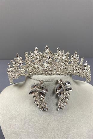 Gümüş Belur Gelin Tacı Ve Yaprak Küpe Seti