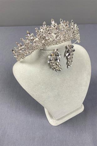 Gümüş Belur Gelin Tacı Ve Yaprak Küpe Seti