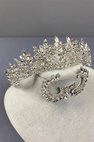 Gümüş Belur Gelin Tacı Ve Yuvarlak Küpe Seti