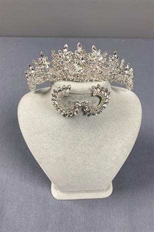 Gümüş Belur Gelin Tacı Ve Yuvarlak Küpe Seti