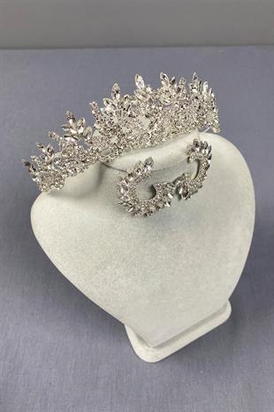 Gümüş Belur Gelin Tacı Ve Yuvarlak Küpe Seti