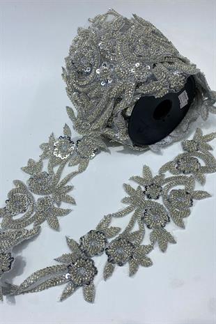 Gümüş Boncuk İşlemeli Çiçek Desen Geniş Şerit Aplik 1 Metre