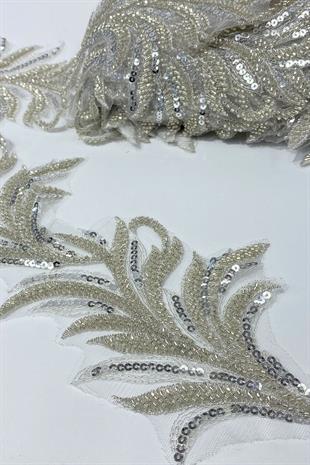 Gümüş Boncuk İşlemeli Yaprak Desenli Geniş Şerit Aplik 1 Metre
