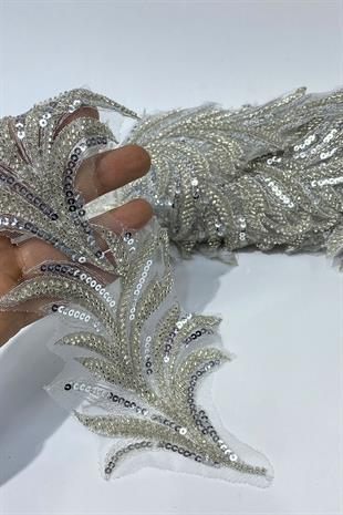 Gümüş Boncuk İşlemeli Yaprak Desenli Geniş Şerit Aplik 1 Metre
