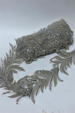 Gümüş Boncuk İşlemeli Yaprak Desenli Geniş Şerit Aplik 1 Metre