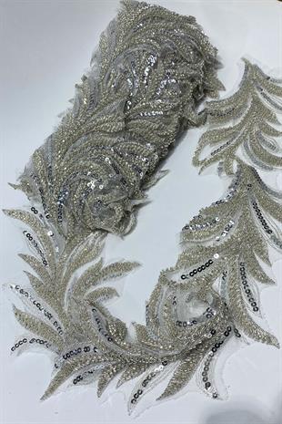 Gümüş Boncuk İşlemeli Yaprak Desenli Geniş Şerit Aplik 1 Metre