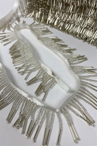 Gümüş Boru Ve Kum Boncuk İşlemeli Saçak Şerit