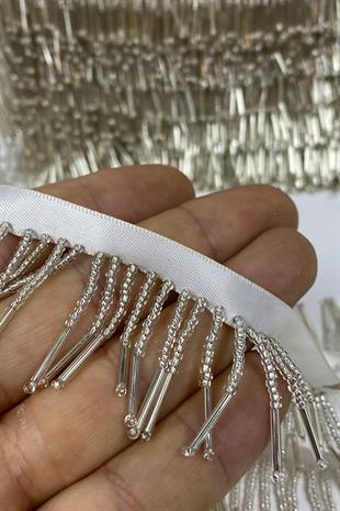 Gümüş Boru Ve Kum Boncuk İşlemeli Saçak Şerit