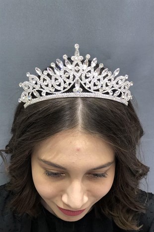 Gümüş İnce Cam Kristalli Gelin Tacı