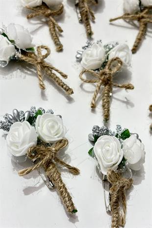 Gümüş Cipsolu Güllü Damat Yaka Çiçeği Sağdıç Çiçeği 10 Adet