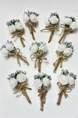 Gümüş Cipsolu Güllü Damat Yaka Çiçeği Sağdıç Çiçeği 10 Adet