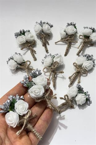 Gümüş Cipsolu Güllü Damat Yaka Çiçeği Sağdıç Çiçeği 10 Adet