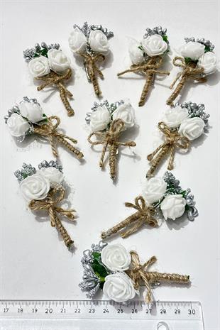 Gümüş Cipsolu Güllü Damat Yaka Çiçeği Sağdıç Çiçeği 10 Adet