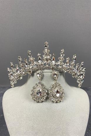 Gümüş Cooker Gelin Tacı Ve Damla Taşlı Abiye Küpe