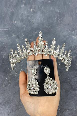 Gümüş Cooker Gelin Tacı Ve Damla Taşlı Abiye Küpe