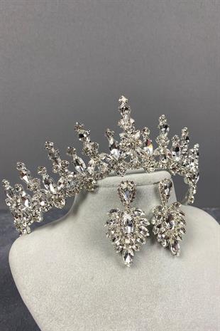 Silver Cooker Bridal Crown And Stud Earrings Set