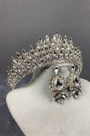 Silver Drop 3D Bridal Crown And Evening Dress Earring Set