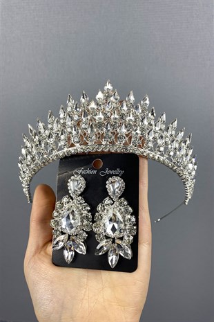 Silver Drop 3D Bridal Crown And Evening Dress Earring Set