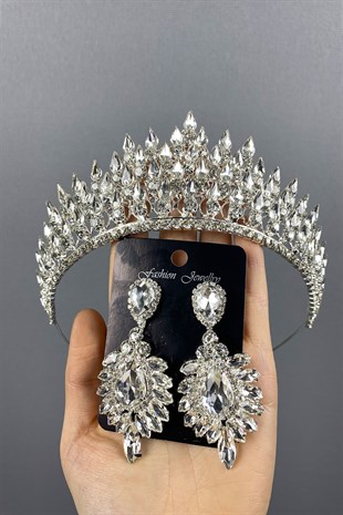 Silver Drop 3D Bridal Crown And Drop Earrings Set