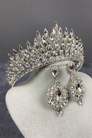 Silver Drop 3D Bridal Crown And Drop Earrings Set