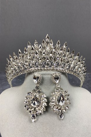 Silver Drop 3D Bridal Crown And Drop Earrings Set