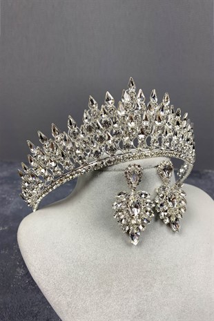 Silver Drop 3D Bridal Crown And Stud Earring Set
