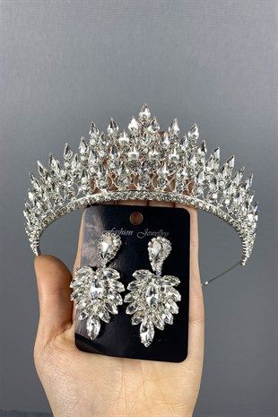 Silver Drop 3D Bridal Crown And Stud Earring Set