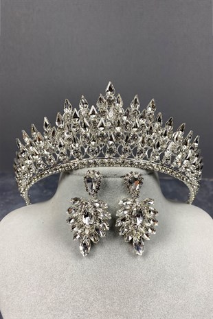 Silver Drop 3D Bridal Crown And Stud Earring Set