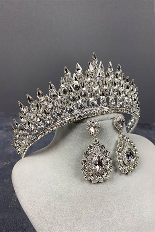 Silver Drop 3D Bridal Crown And Stone Earring Set