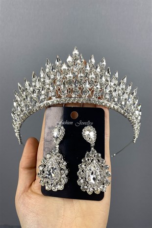 Silver Drop 3D Bridal Crown And Stone Earring Set