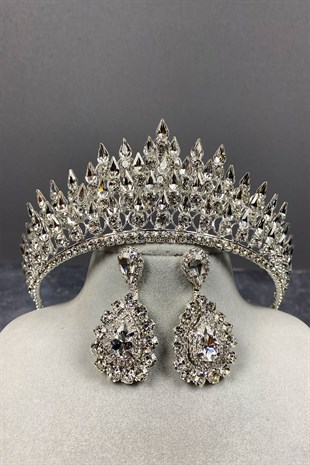 Silver Drop 3D Bridal Crown And Stone Earring Set
