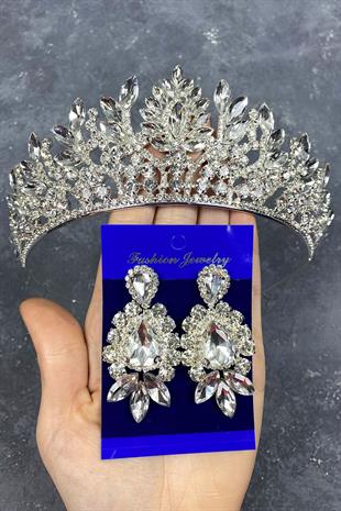 Gümüş Danver Taşlı Gelin Tacı Ve Abiye Küpe Seti