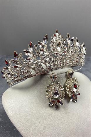 Gümüş Danver Taşlı Gelin Tacı Ve Abiye Küpe Seti