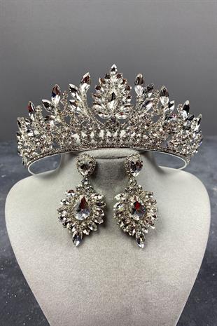 Gümüş Danver Taşlı Gelin Tacı Ve Küpe Seti