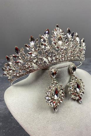 Gümüş Danver Taşlı Gelin Tacı Ve Küpe Seti