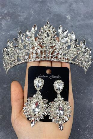 Gümüş Danver Taşlı Gelin Tacı Ve Küpe Seti