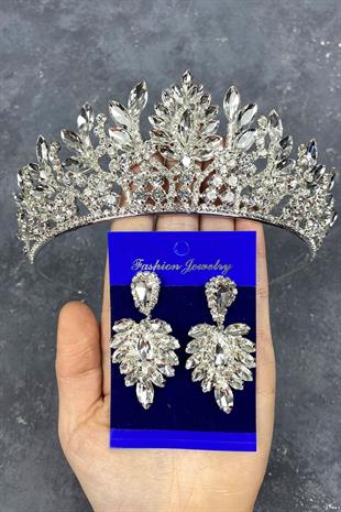 Gümüş Danver Taşlı Gelin Tacı Ve Küpeli Set